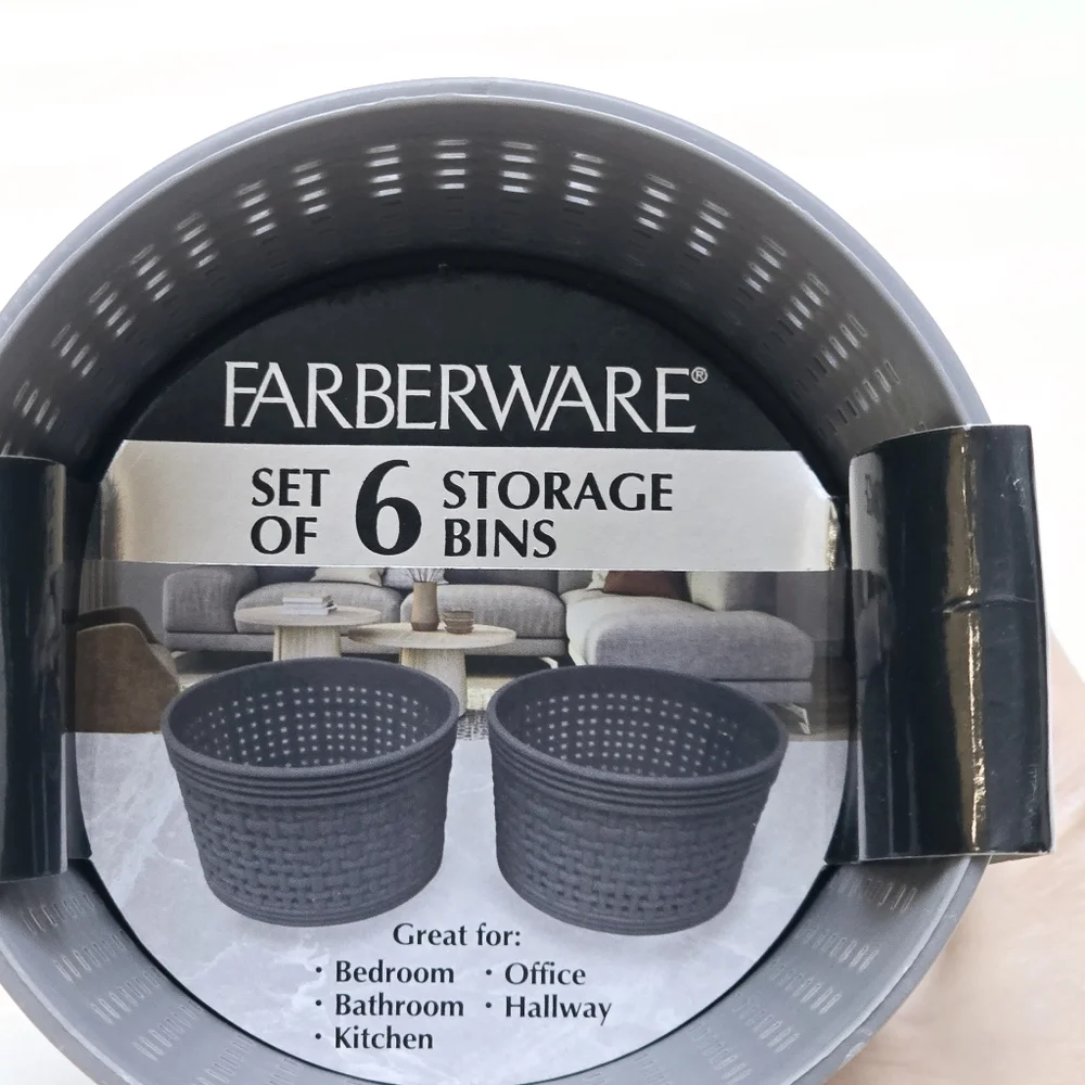 New 6pc Farberware Small Storage Bins Set Weave Gray Round Desktop Containers